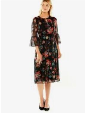 Sara Campbell Georgia Floral Chiffon Semi Sheer Midi Dress Bell Sleeves Sz M